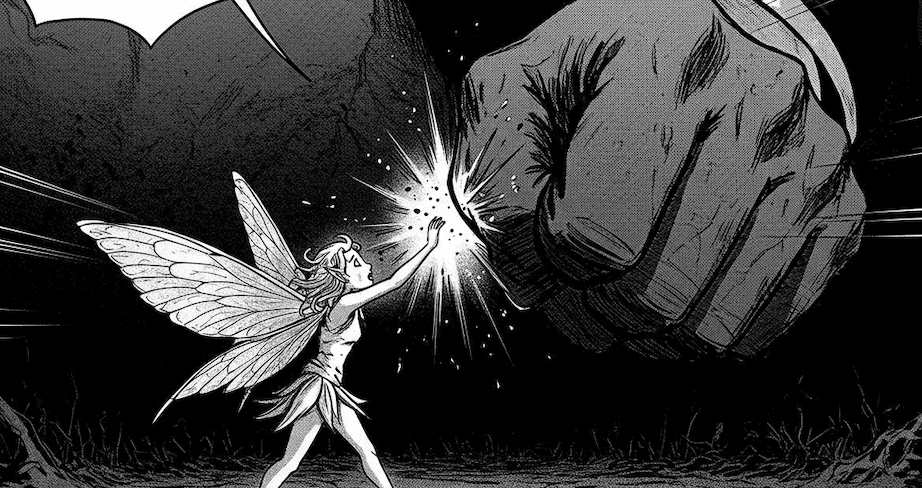 Uma fada tomando um soco. Gerada por IA.